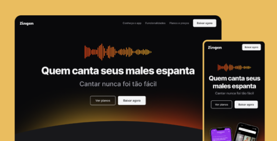 Prévia do projeto Zingen com landing page de aplicativo